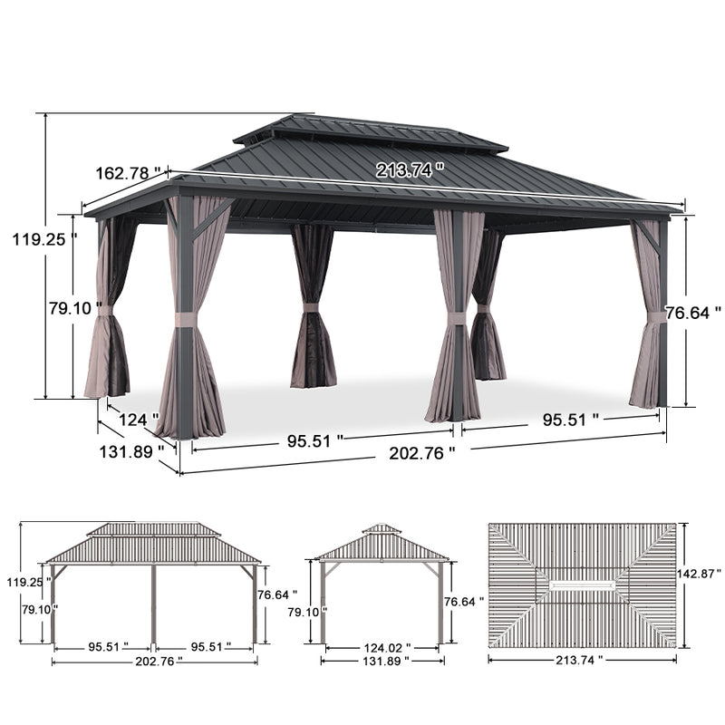 PURPLE LEAF Grey Hardtop Gazebo with Heavy Duty Galvanized Steel Double Roof with Netting and Curtains