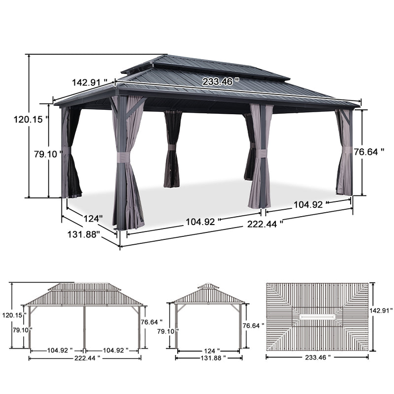 PURPLE LEAF Grey Hardtop Gazebo with Heavy Duty Galvanized Steel Double Roof with Netting and Curtains