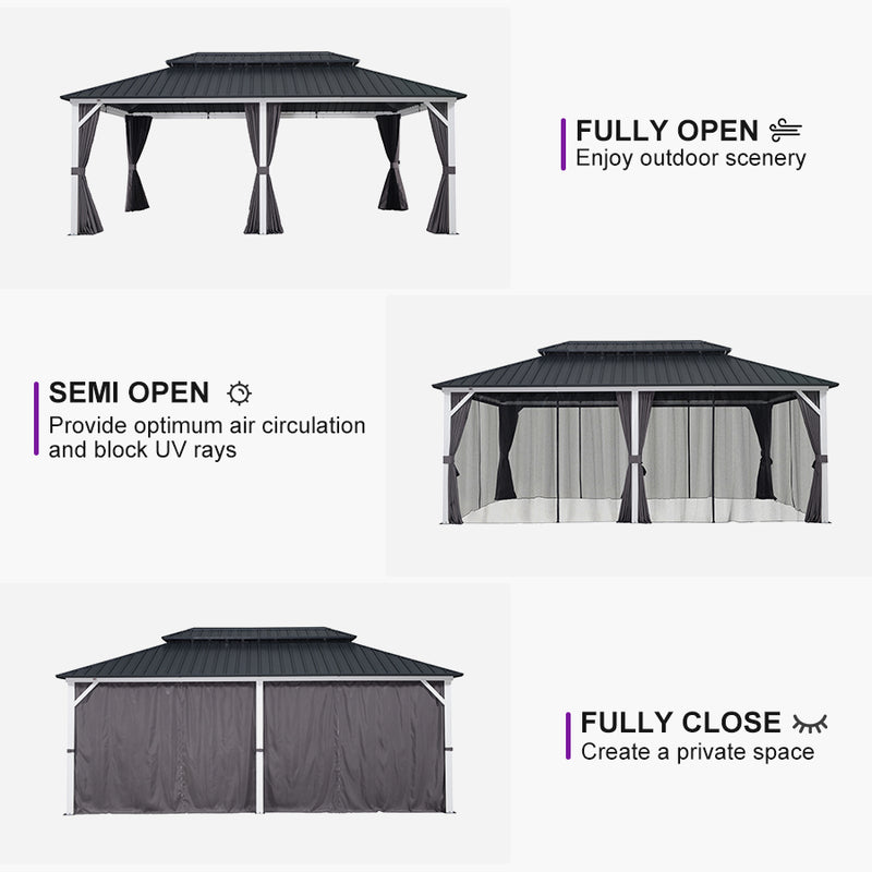 PURPLE LEAF Patio Hardtop Gazebo for Outdoor Grey Galvanized Steel Double Roof White Aluminum Poles with Curtains and String Lights-milky