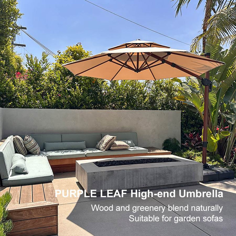 PURPLE LEAF Outdoor Garden Umbrella with Base, Cantilever Umbrellas in Wood Color