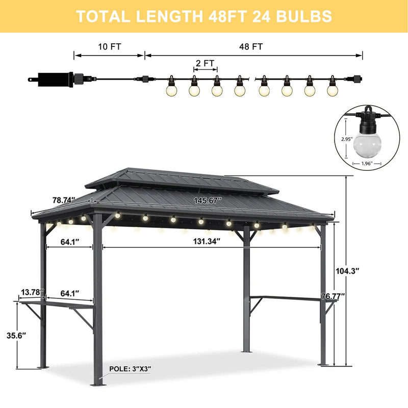 PURPLE LEAF Hardtop Grill Gazebo for Patio Grey Permanent Metal Roof Outside Sun Shade Outdoor BBQ Canopy with String Lights