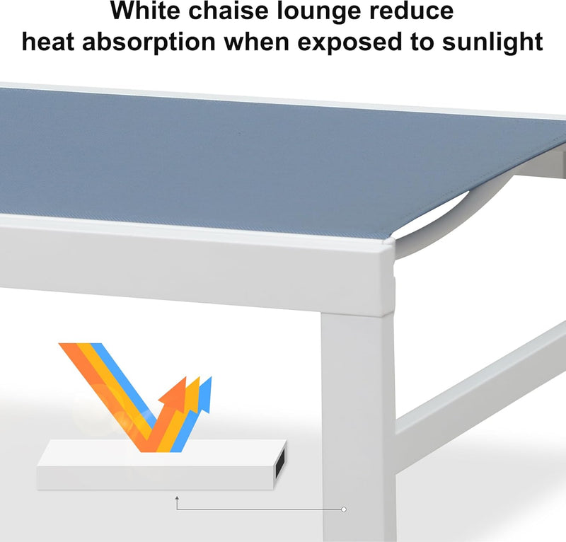 PURPLE LEAF Outdoor Chaise Lounge Chairs Set of 2 White Aluminum Lounge Chair Five-Position Adjustable Chaise with Wheels and Table for Pool Deck Patio