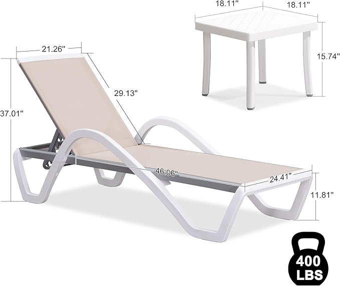 PURPLE LEAF Patio Chaise Lounge Chair Set Outdoor Plastic Textilene Lounger with Side Table 6 Adjustable Positions Sun Bathing Tanning Recliner for Pool Outside Beach in-Pool Lawn Poolside