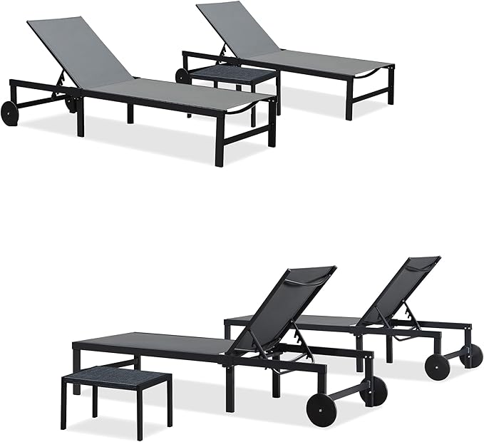Outdoor Chaise Lounge Chairs Set Recliner Aluminum Adjustable Chair Wheels Table Poolside Beach Patio Reclining Sunbathing Lounger
