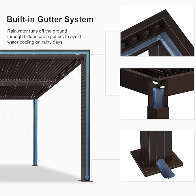 PURPLE LEAF Louvered Pergola Bronze Outdoor Aluminum Pergola with Roller Blind Adjustable Gazebo Rainproof for Patio Deck Garden