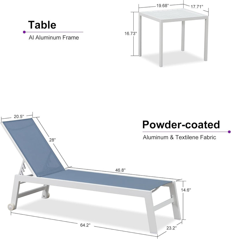 PURPLE LEAF Outdoor Chaise Lounge Chairs Set of 2 White Aluminum Lounge Chair Five-Position Adjustable Chaise with Wheels and Table for Pool Deck Patio