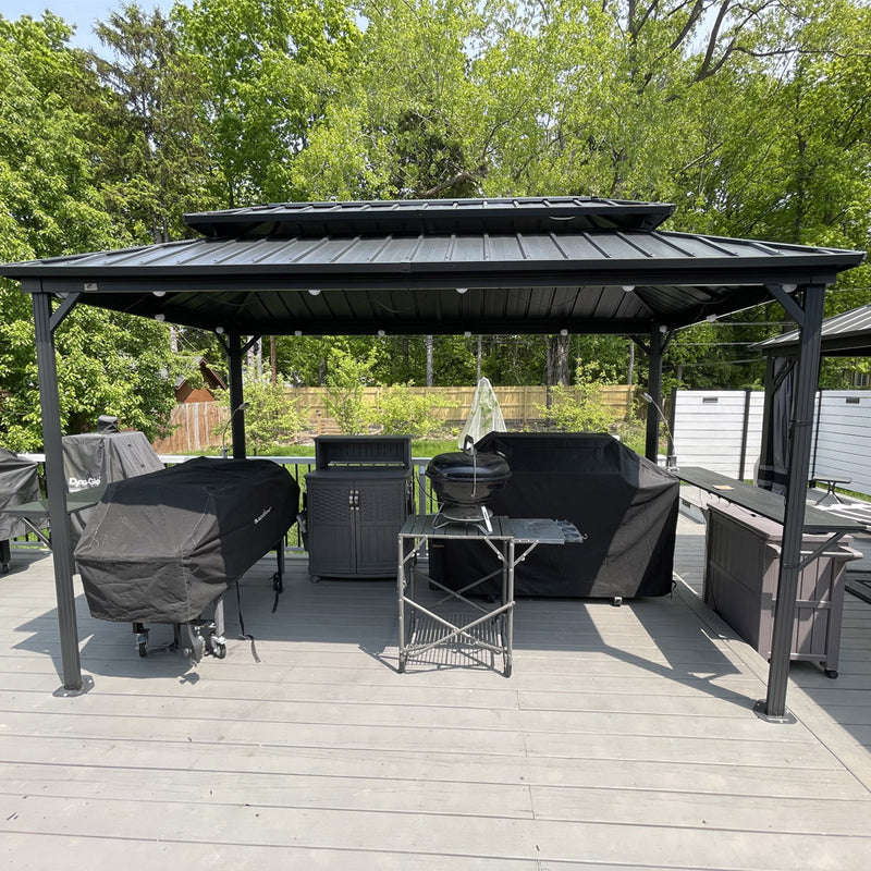 PURPLE LEAF Hardtop Grill Gazebo for Patio Grey Permanent Metal Roof Outside Sun Shade Outdoor BBQ Canopy with String Lights
