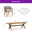 PURPLE LEAF outdoor dining set dimensions: wicker chair, rectangular aluminum table, 8-seat layout.