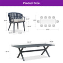 PURPLE LEAF wicker armrest chair & aluminum rectangular table dimensions.