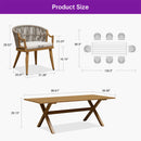 PURPLE LEAF outdoor dining set dimensions: wicker chair, rectangular table, and 8-seat patio layout.