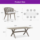 PURPLE LEAF all-weather wicker patio dining set dimensions: rectangular table, armrest chairs.