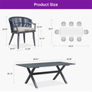 PURPLE LEAF outdoor dining set dimensions: wicker chairs, rectangular aluminum table & layout.
