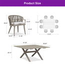 PURPLE LEAF outdoor dining set dimensions: diagram of wicker armrest chair and rectangular aluminum table.