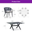 PURPLE LEAF outdoor dining set: wicker chair and rectangular aluminum table size diagram.