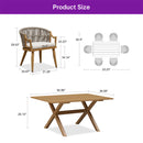 PURPLE LEAF wicker dining set dimensions: Rectangular table & armrest chairs size guide.