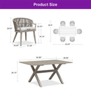PURPLE LEAF outdoor dining set: armrest wicker chair & rectangular aluminum table dimensions.