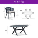 PURPLE LEAF all-weather wicker dining set dimensions: chair specs, rectangular table size, and layout.