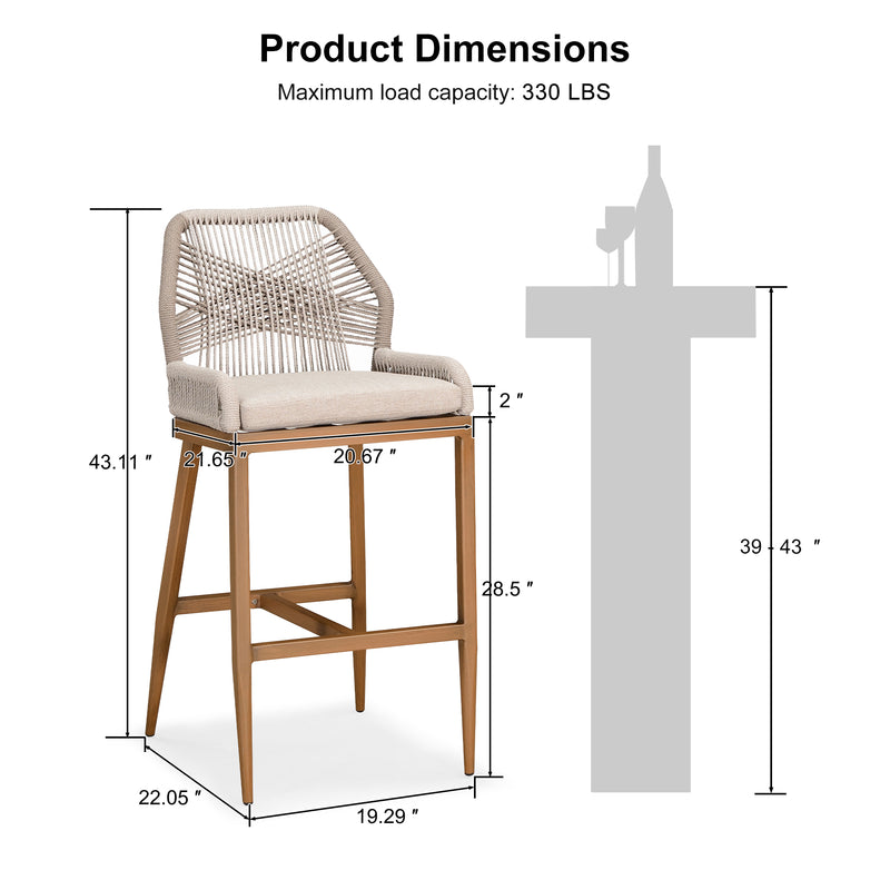 OPEN BOX I PURPLE LEAF 2 Set Outdoor Bar Stool Chair Set, Modern Counter Height Bar Stool, Cushion Included