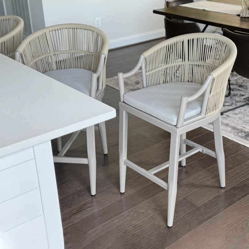 PURPLE LEAF Patio Bar Stools Set of 2 Outdoor Wicker Modern High Bar Chairs Metal Cushioned Barstools with Backs and Ergonomic Armrest for Balcony Garden Indoor Kitchen Island