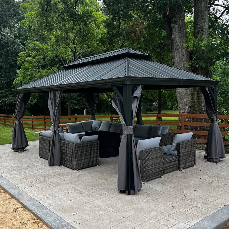 PURPLE LEAF Patio Gazebo for Backyard Grey Hardtop Galvanized Steel Roof Awning with Upgrade Curtain