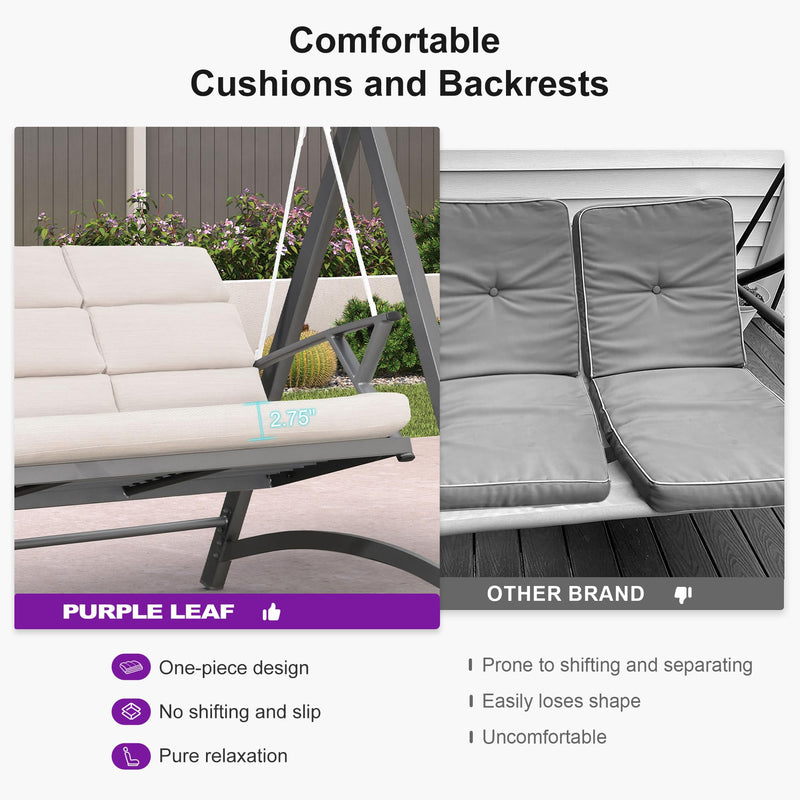 PURPLE LEAF Outdoor Deluxe Modern Swing Chairs with PVC Canopy, Swing for Patio Gadern Porch, Solar LED Light and Cushions Included