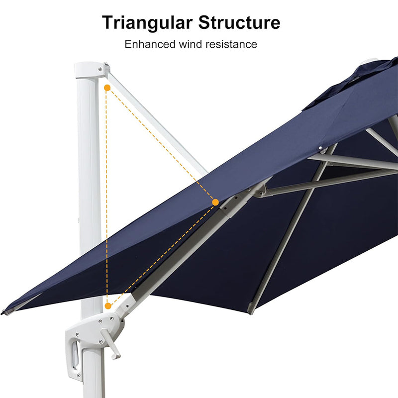 The PURPLE LEAF White Economy Patio Umbrella frame is a triangular stabilizing structure for better load-bearing capacity and wind resistance.