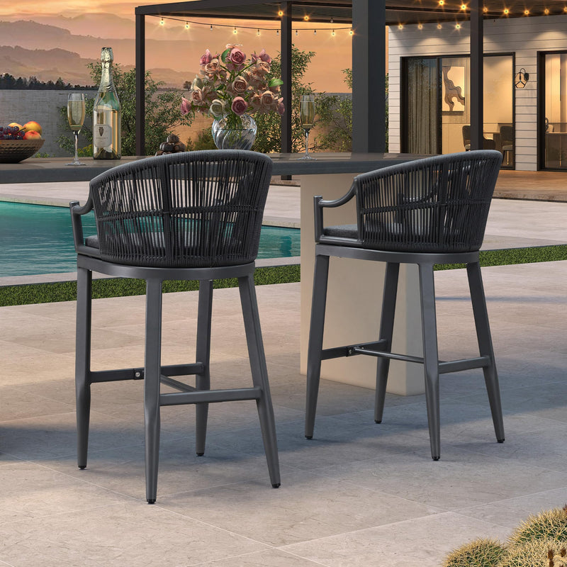 PURPLE LEAF Patio Bar Stools Set of 2 Outdoor Wicker Modern High Bar Chairs Metal Cushioned Barstools with Backs and Ergonomic Armrest for Balcony Garden Indoor Kitchen Island