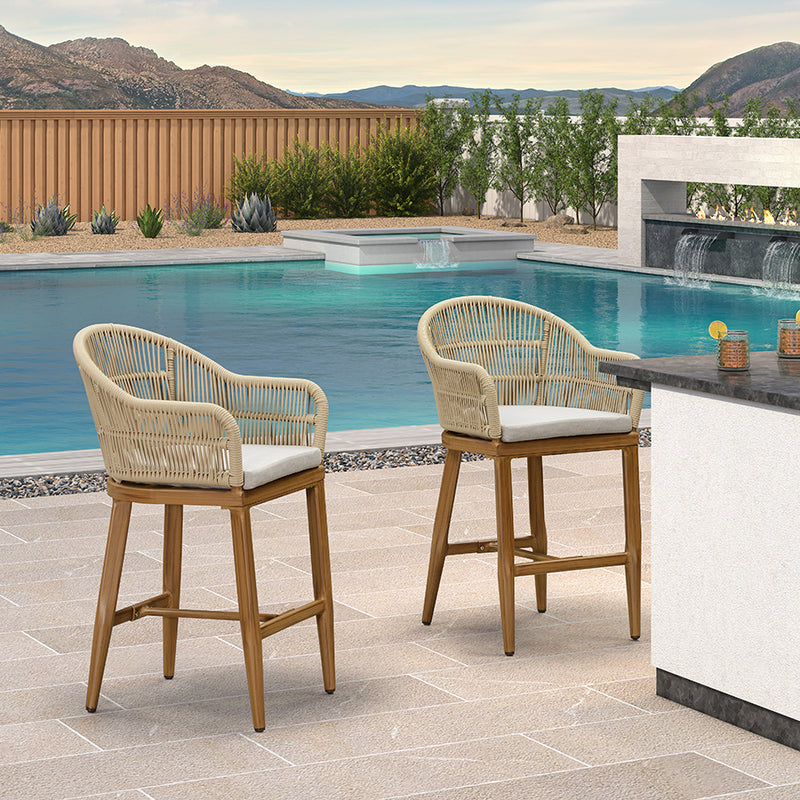 PURPLE LEAF Outdoor Bar Stools Set of 2 Rattan Bar Stools Counter Stools with Back and Cushions  for Patio, Garden, Kitchen