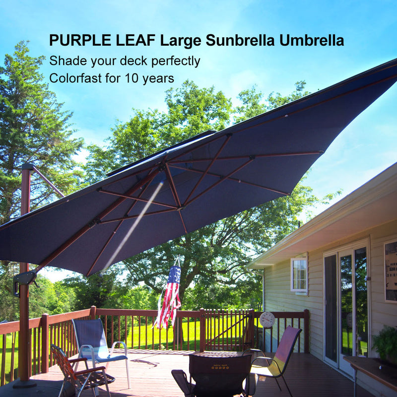 PURPLE LEAF SUNBRELLA Fabric Large Cantilever Umbrella Double Top Deluxe Rectangle Patio Umbrella with Wood Pattern