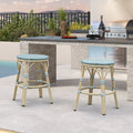 PURPLE LEAF Patio French Round Counter Stool Set of 2 Rattan Backless Stackable Barstools Aluminum Frame Footrest with Woven Wicker for Outdoor Kitchen Yard