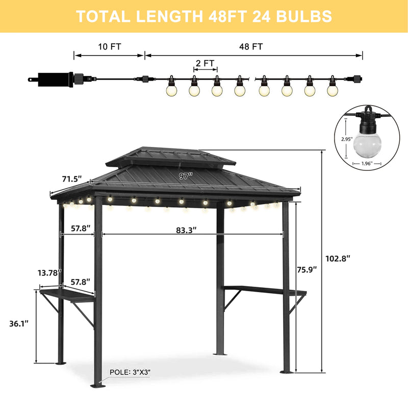 PURPLE LEAF Hardtop Grill Gazebo for Patio Grey Permanent Metal Roof Outside Sun Shade Outdoor BBQ Canopy with String Lights