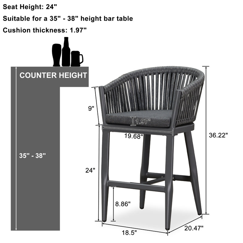 PURPLE LEAF Counter Stools, Bar Stools Set of 2 Rattan Bar Stools Wicker Bar Chairs Woven Aluminum Barstools with Back and Cushions
