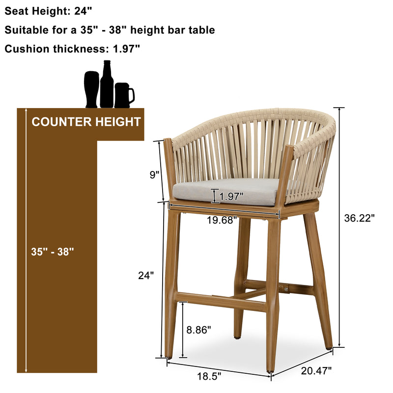 PURPLE LEAF Counter Stools, Bar Stools Set of 2 Rattan Bar Stools Wicker Bar Chairs Woven Aluminum Barstools with Back and Cushions
