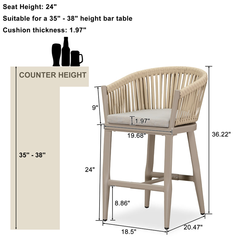 PURPLE LEAF Counter Stools, Bar Stools Set of 2 Rattan Bar Stools Wicker Bar Chairs Woven Aluminum Barstools with Back and Cushions
