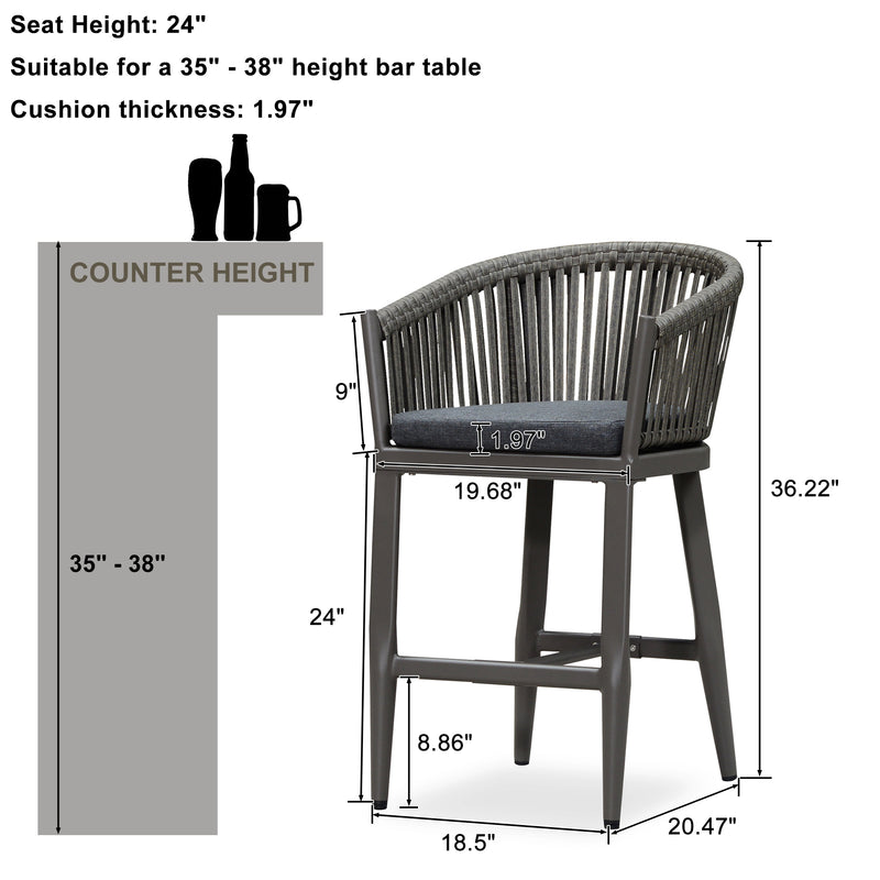 PURPLE LEAF Counter Stools, Bar Stools Set of 2 Rattan Bar Stools Wicker Bar Chairs Woven Aluminum Barstools with Back and Cushions