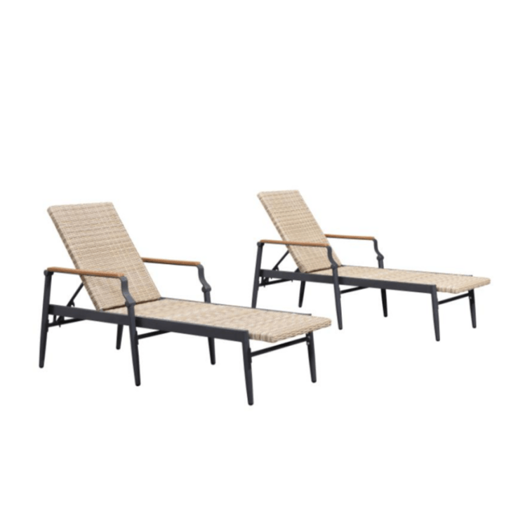 Outdoor Chaise Lounge Chair Set 2 Patio Pool Lounger Aluminum Chairs Wooden Armrest Sunbathing Tanning Recliner Outside Backyard