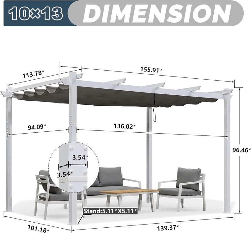 PURPLE LEAF Outdoor Retractable Pergola Aluminum White Pergola with Sun Shade Canopy Patio Modern Shelter for Garden Yard Deck