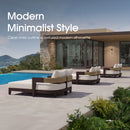 Modern minimalist outdoor daybeds with beige cushions and woven backs by pool