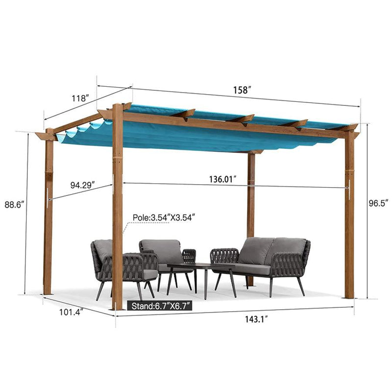 PURPLE LEAF Outdoor Retractable Pergola with Sun Shade Canopy Patio Metal Shelter for Garden Pavilion Natural Wood Grain Frame Grill Gazebo