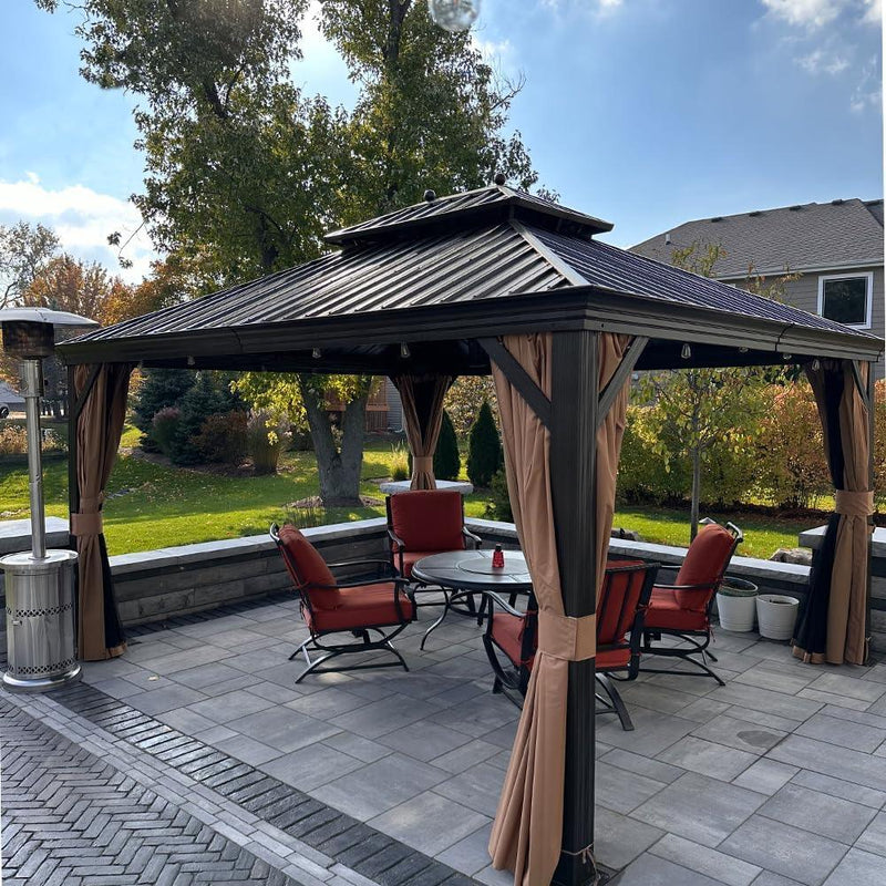 PURPLE LEAF Outdoor Hardtop Gazebo for Garden Bronze Double Roof Aluminum Frame Pavilion with String Lights