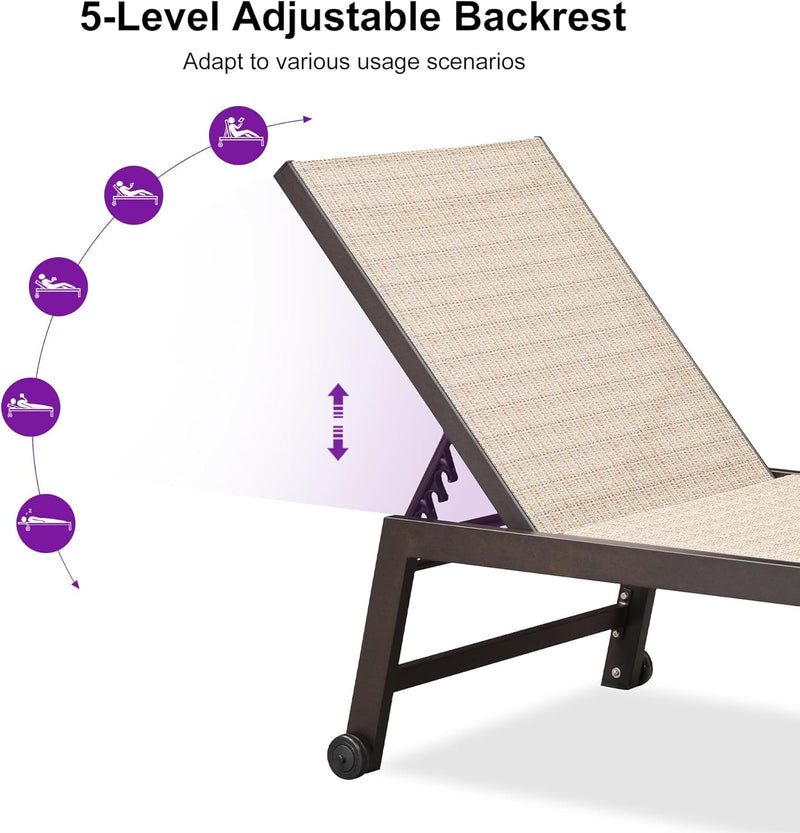 PURPLE LEAF Oversize Outdoor Chaise Lounge Set with Side Table, All Aluminum Frame with Wheels and Adjustable Backrest. Perfect for Patio Pool