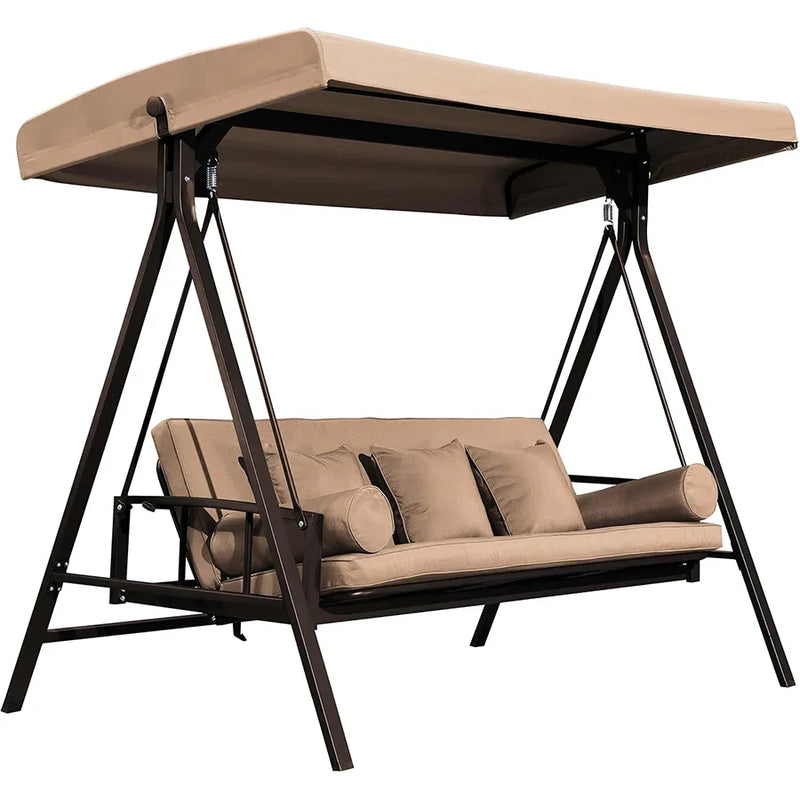 PURPLE LEAF Outdoor Patio Porch Swing Adjustable Backrest, 3-seat Swing Chair with Weather Resistant Steel Frame for Backyard ,Pillows Included
