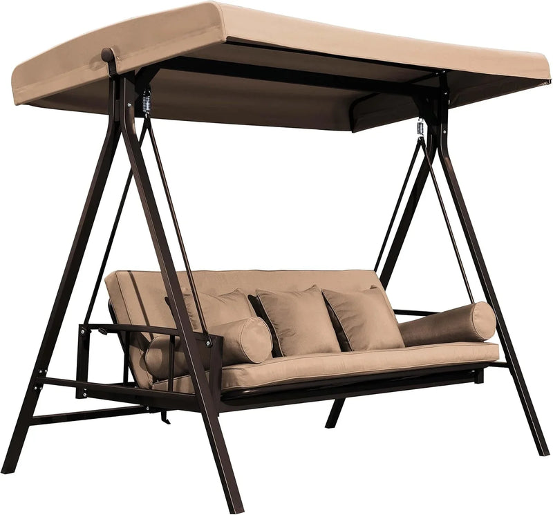 PURPLE LEAF Outdoor Patio Porch Swing Adjustable Backrest, 3-seat Swing Chair with Weather Resistant Steel Frame for Backyard ,Pillows Included