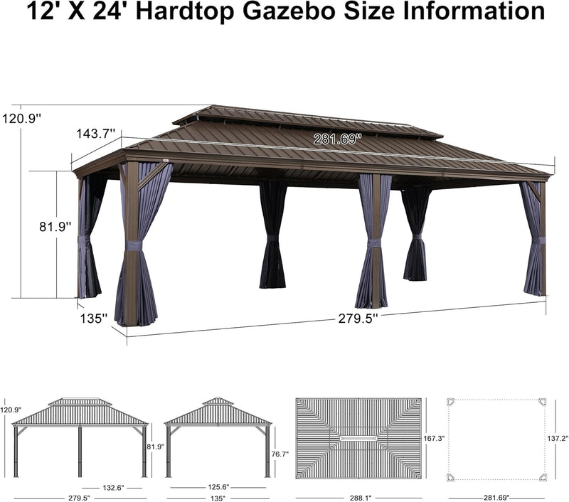 PURPLE LEAF Outdoor Hardtop Gazebo for Patio Bronze Aluminum Frame Pavilion with Navy-Blue Curtain and String Lights-clear