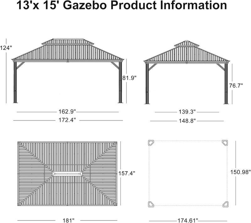 PURPLE LEAF Outdoor Hardtop Gazebo for Garden Bronze Double Roof Aluminum Frame Pavilion with String Lights-milky