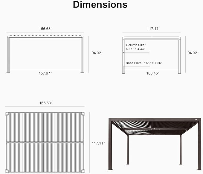 PURPLE LEAF Louvered Pergola Grey Outdoor Aluminum Pergola with Roller Blind Adjustable Gazebo Rainproof for Patio Deck Garden