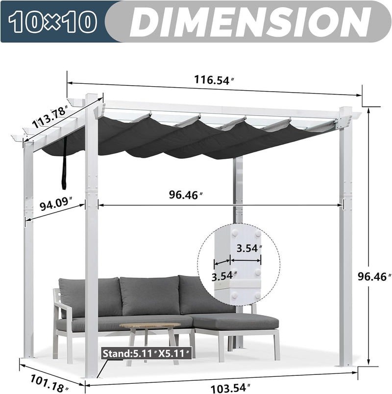 PURPLE LEAF Outdoor Retractable Pergola Aluminum White Pergola with Sun Shade Canopy Patio Modern Shelter for Garden Yard Deck