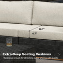 PURPLE LEAF Griffin set: Black wicker base, 4.7" deep grey cushions, 28.7" depth. Text: Extra-Deep Seating Cushions.