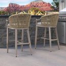 PURPLE LEAF Patio Bar Stools Set of 2 Outdoor Wicker Modern High Bar Chairs Metal Cushioned Barstools with Backs and Ergonomic Armrest for Balcony Garden Indoor Kitchen Island