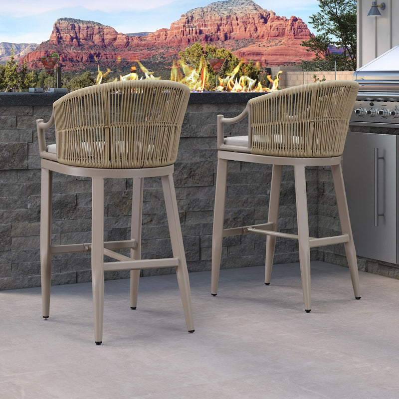 PURPLE LEAF Patio Bar Stools Set of 2 Outdoor Wicker Modern High Bar Chairs Metal Cushioned Barstools with Backs and Ergonomic Armrest for Balcony Garden Indoor Kitchen Island